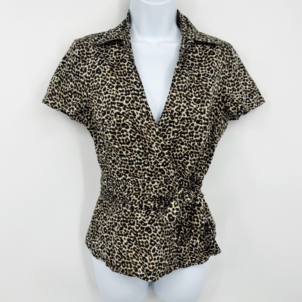 Vintage Y2K Leopard Tie Wrap Short Sleeve Shirt Size Small Boho Whimsical